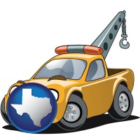 texas map icon and a yellow tow truck